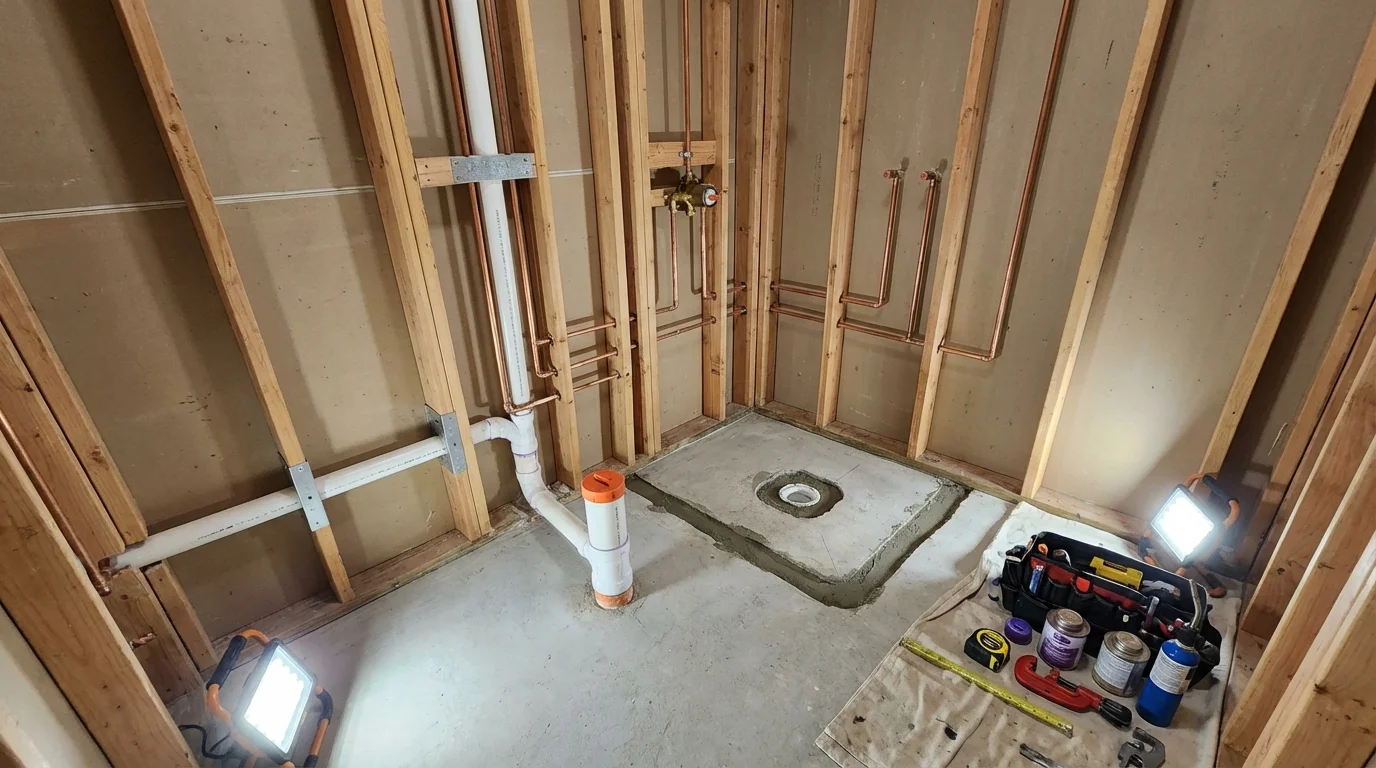 Bathroom rough-in plumbing during remodel by Johns Plumbing LLC in Greenfield