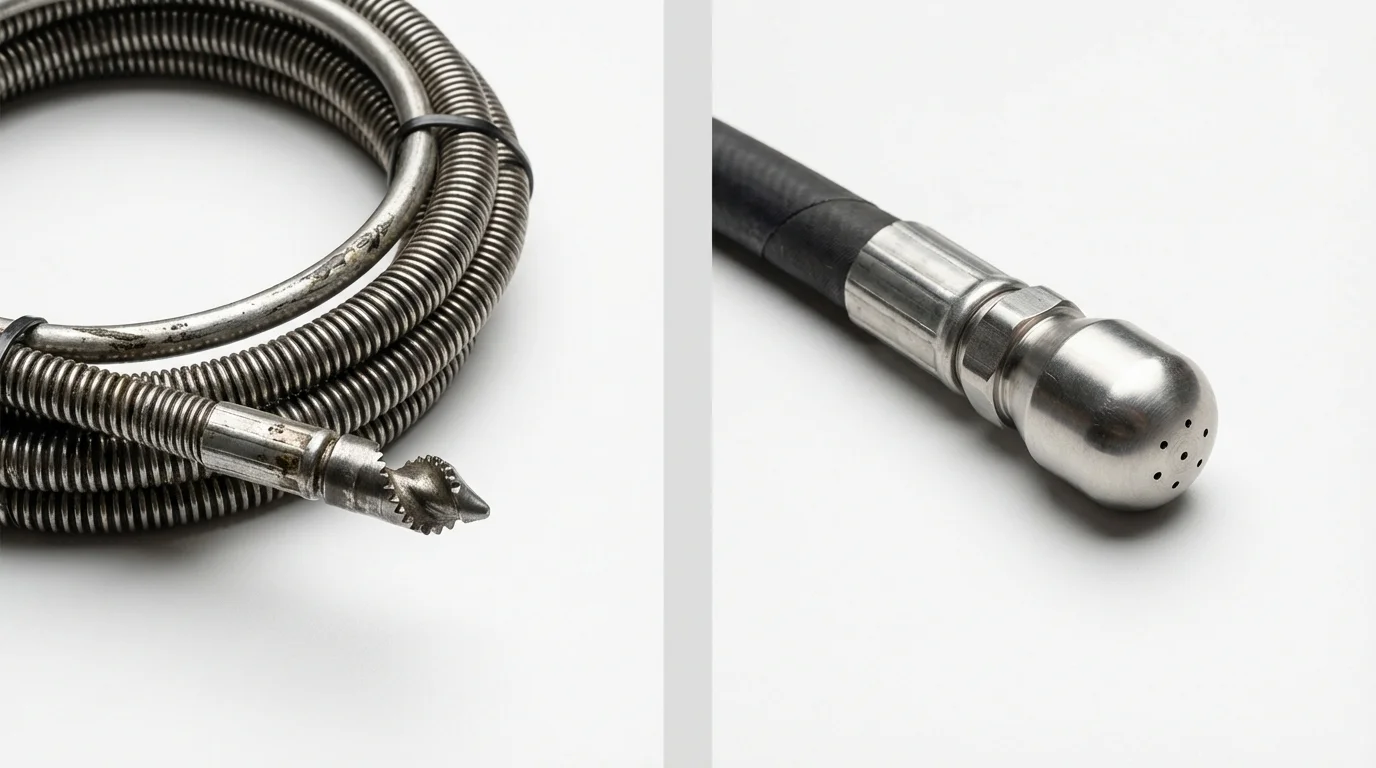 Drain snake cable and hydro jetting nozzle used for drain cleaning in Greenfield, OH