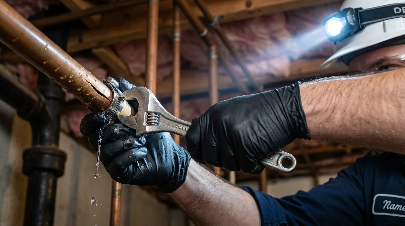 Emergency pipe clamp repair being performed by a Johns Plumbing LLC plumber in Greenfield