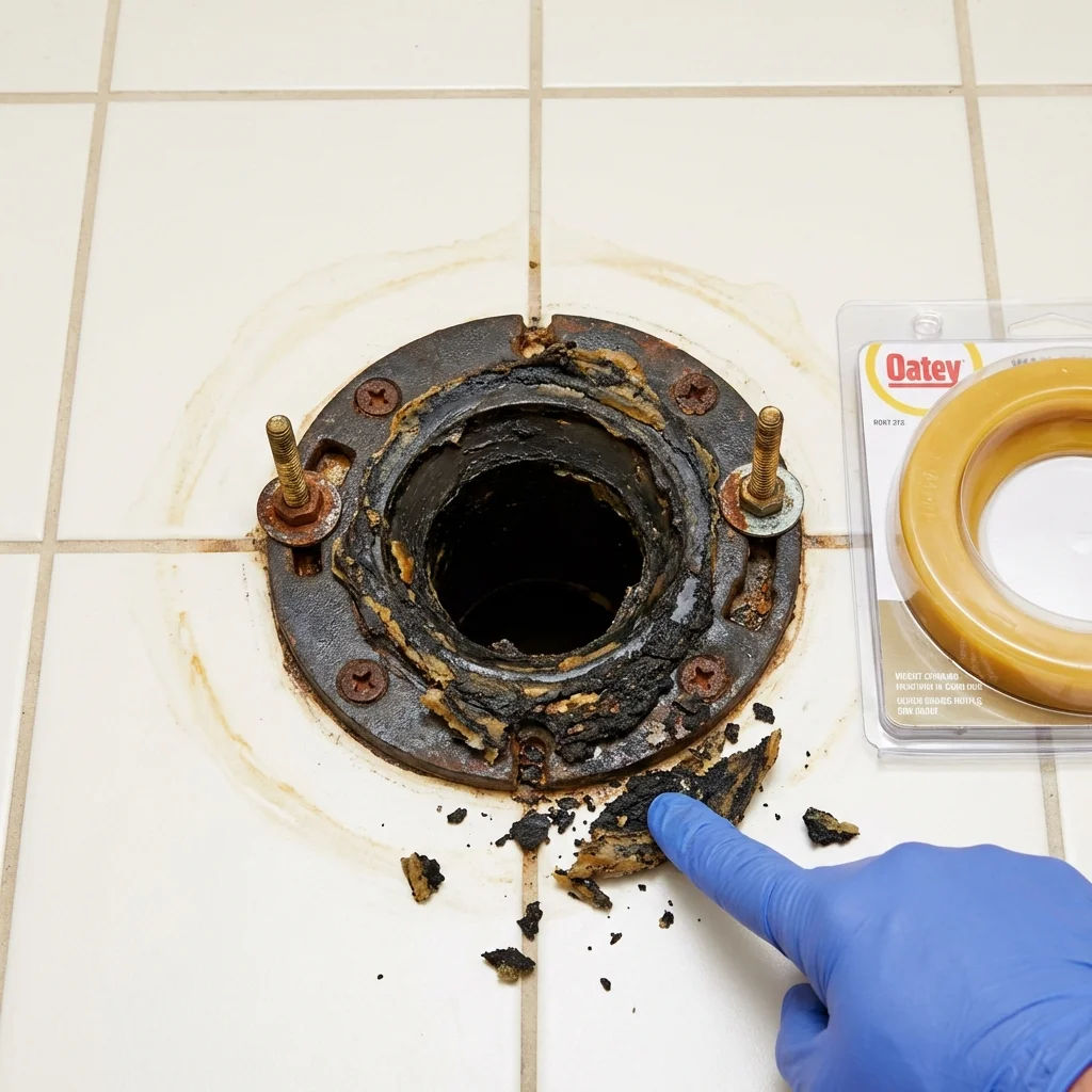 Failed wax ring showing water seepage at the base of a toilet in a Greenfield, OH home