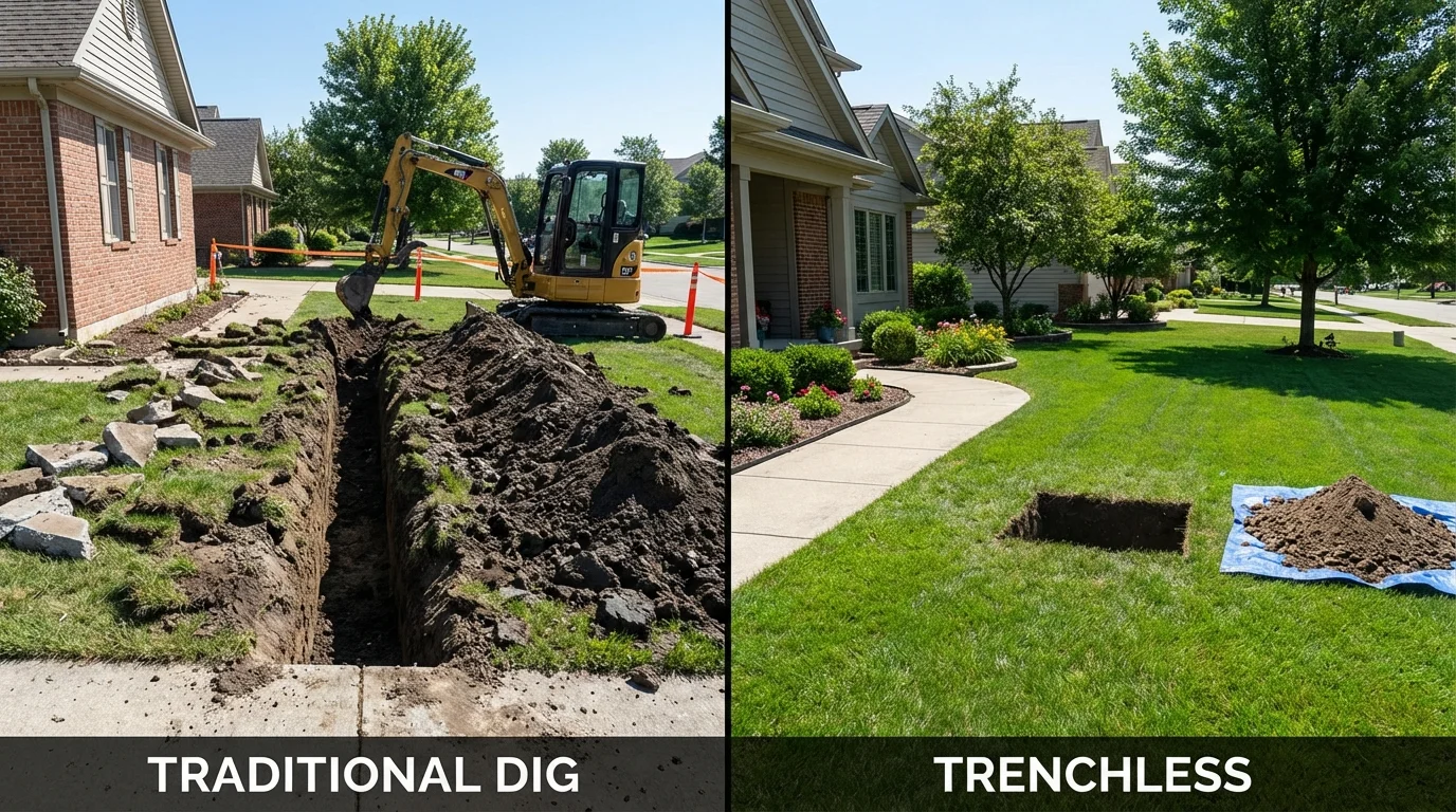 Trenchless sewer repair with minimal yard damage versus traditional excavation in Greenfield, OH
