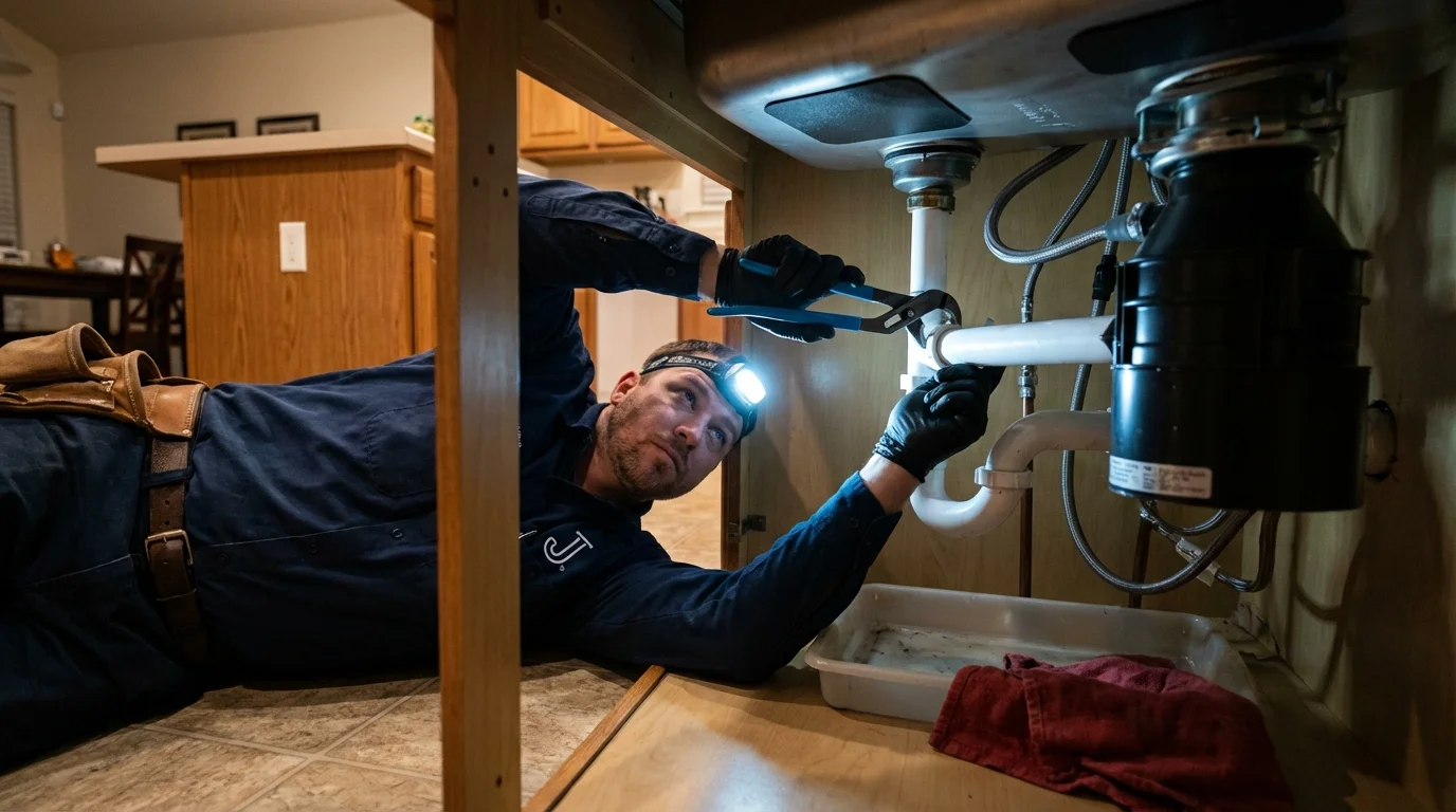 P-trap and supply line connections under a kitchen sink showing a common leak point in Greenfield, OH